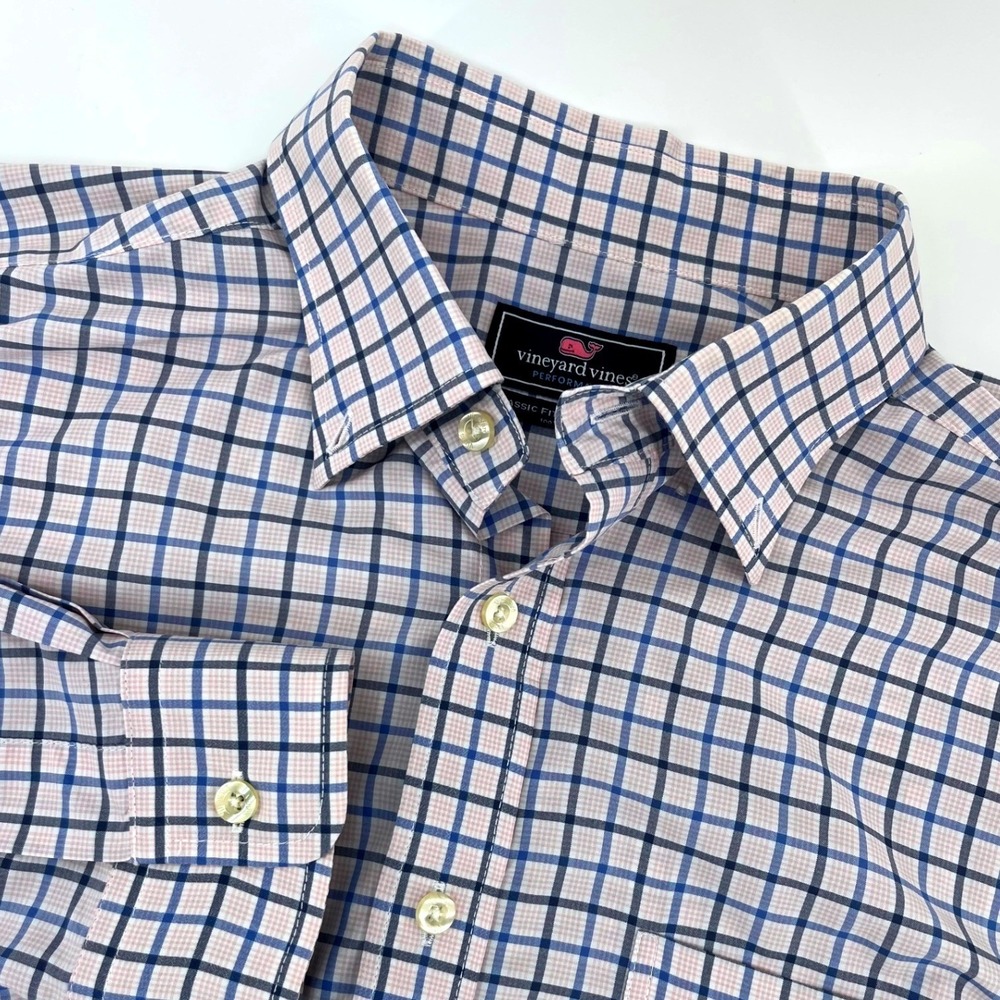 Vineyard Vines Murray Shirt Mens L Blue Pink Check Performance Long Sleeve